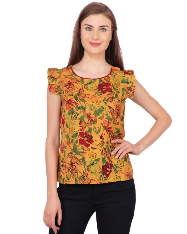 Women Casual Yellow Floral Printed Round Neck Sleeveless Top