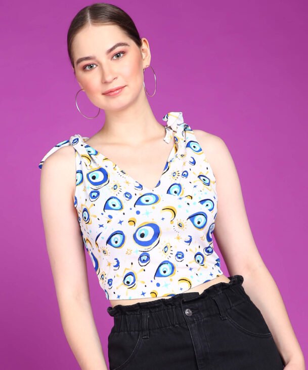 Playful Eye-Printed Strap Knot Crop Top