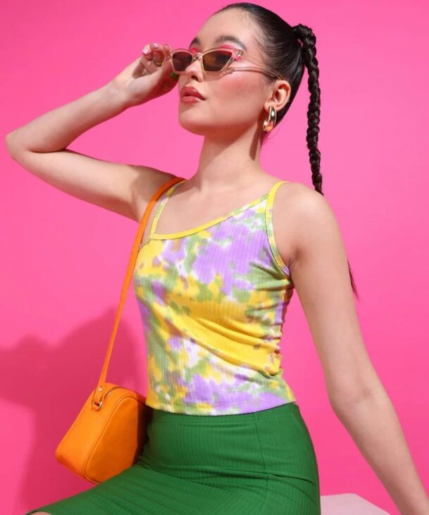 women casual yellow printed rib assymetrical strap crop top 1000x1000 1