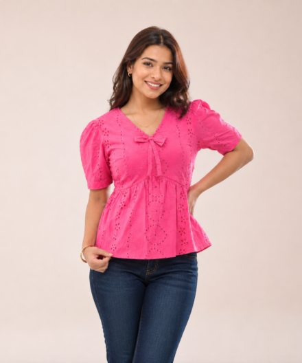 Schiffli Cotton Pink Peplum top