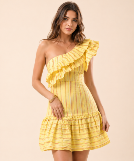 Striped One-Shoulder Ruffle Mini Dress