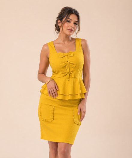 Peplum Co-Ord Set – Bow Crop Top & Pocket Mini Skirt