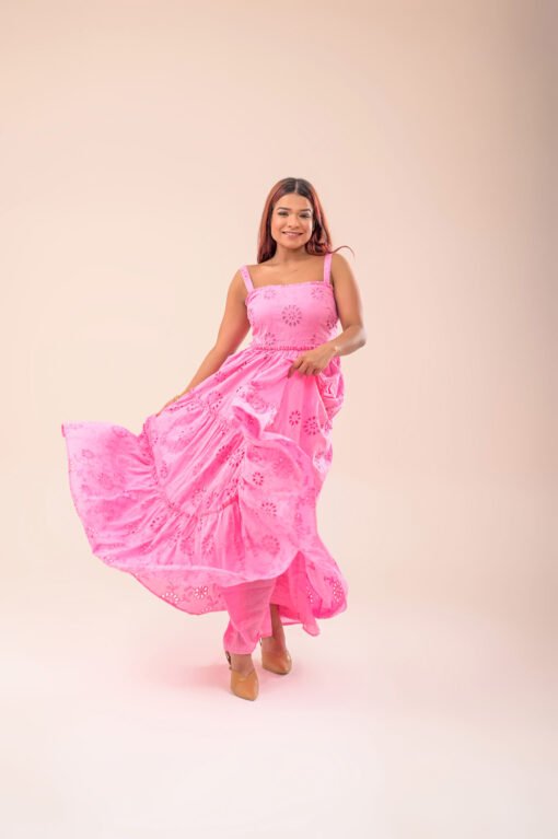 Pink Schiffli Cotton Midi Dress - Image 3
