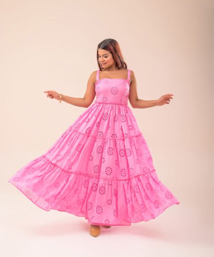 Pink Schiffli Cotton Midi Dress – Front View