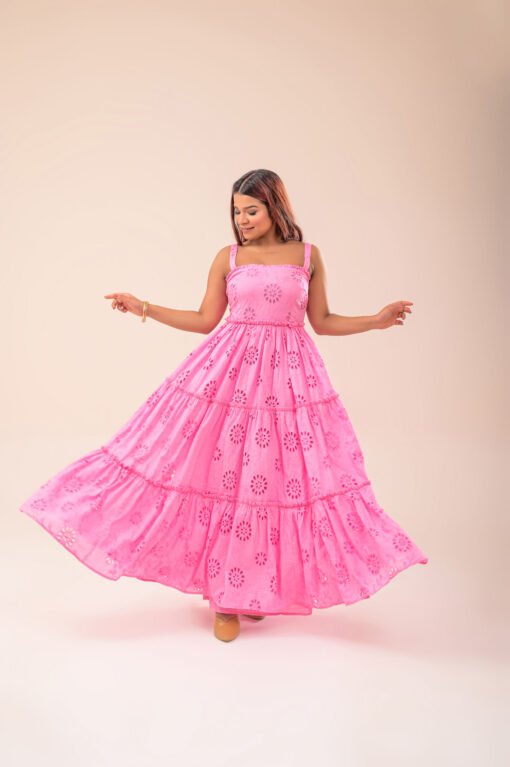 Pink Schiffli Cotton Midi Dress – Front View