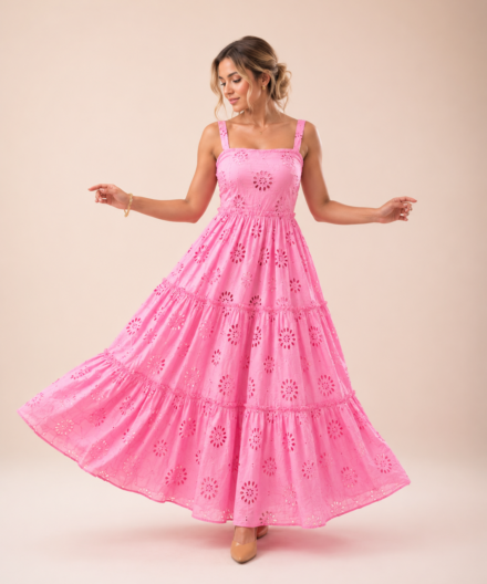 Pink Schiffli Cotton Midi Dress