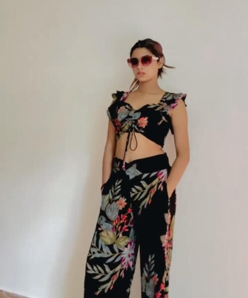 Floral Smocked Crop Top with Slit Pants