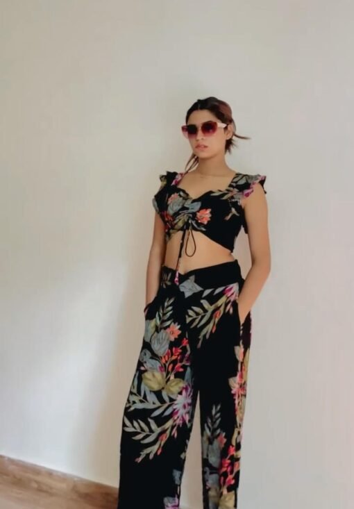 Floral Smocked Crop Top with Slit Pants