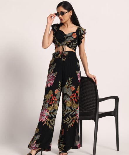 Floral Smocked Crop Top with Slit Pants