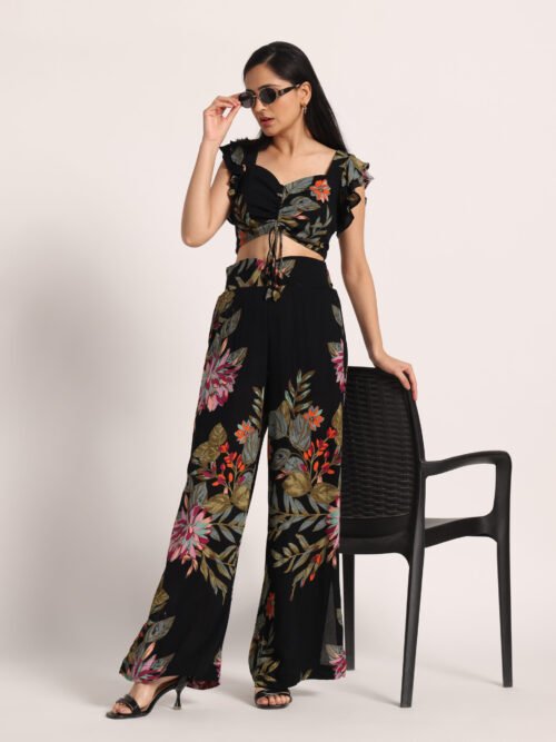 Floral Smocked Crop Top with Slit Pants