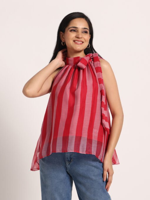 Striped Sleeveless High Neck Top